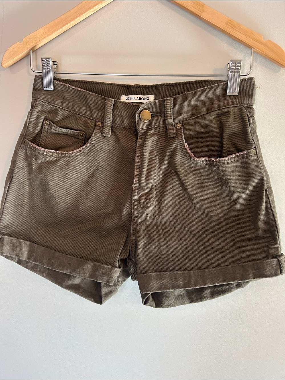 Billabong High Tide Olive Green Women's Casual Denim Shorts Rolled Cuff 25
